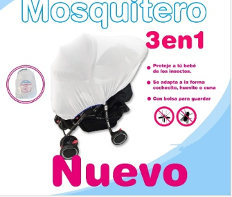 Mosquitero blanco con la etiqueta "Mosquitero 3 en 1" en un cochecito de bebé, con texto que indica que protege contra los insectos.