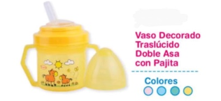 Vaso amarillo para bebé con pajita y tapa, decorado con caballos. Texto: "Vaso decorado". Colores: rosa, azul, verde y amarillo.