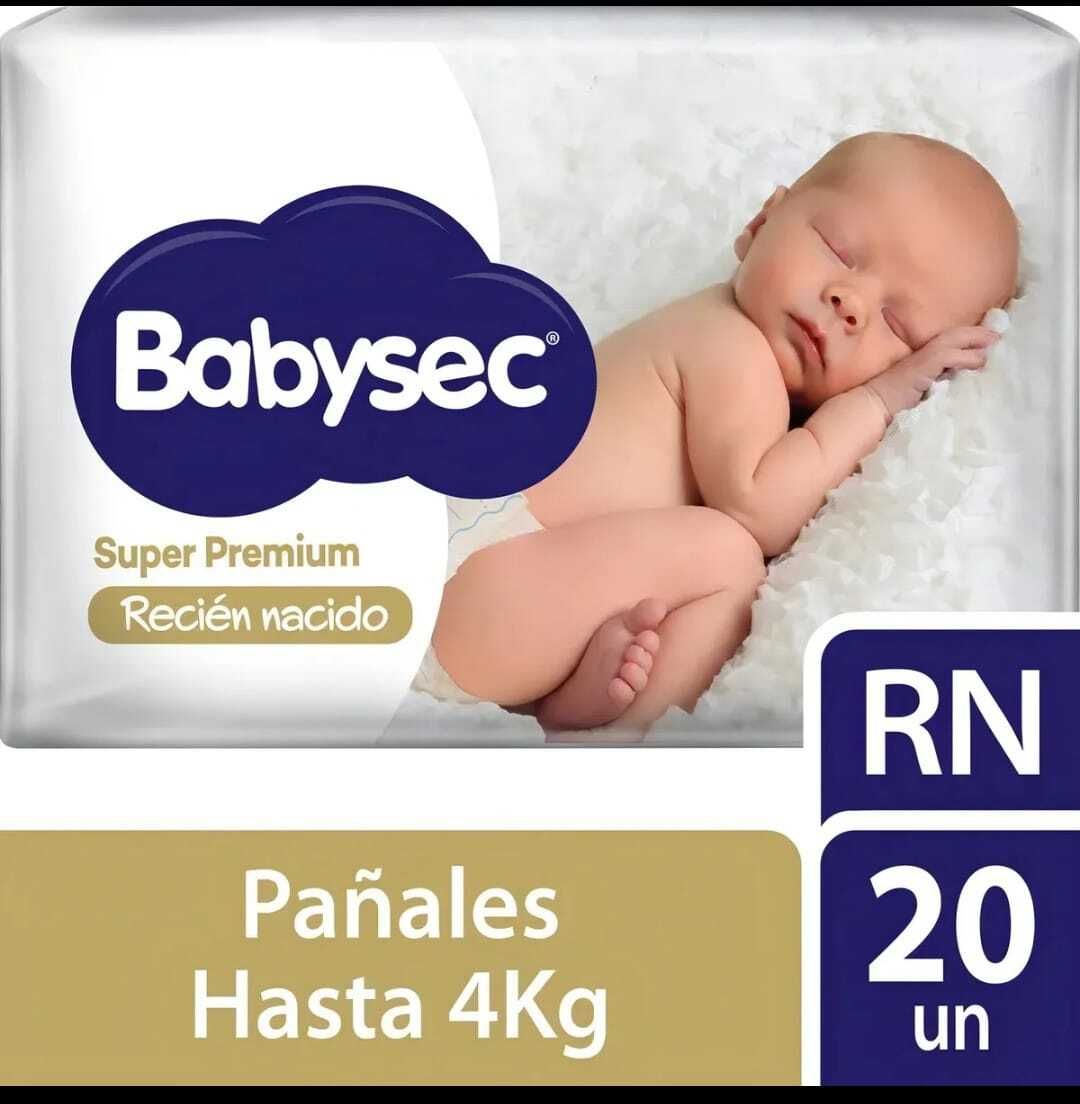 Paquete de pañales Babysec con un recién nacido durmiendo en blanco, dice “Recién nacido”, “Hasta 4Kg” y “20 un”.