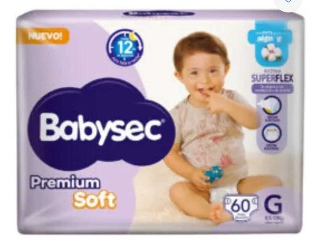 Pack de pañales Babysec Premium Soft, con la imagen de un bebé sonriente y 50 unidades, hasta 6 kg.