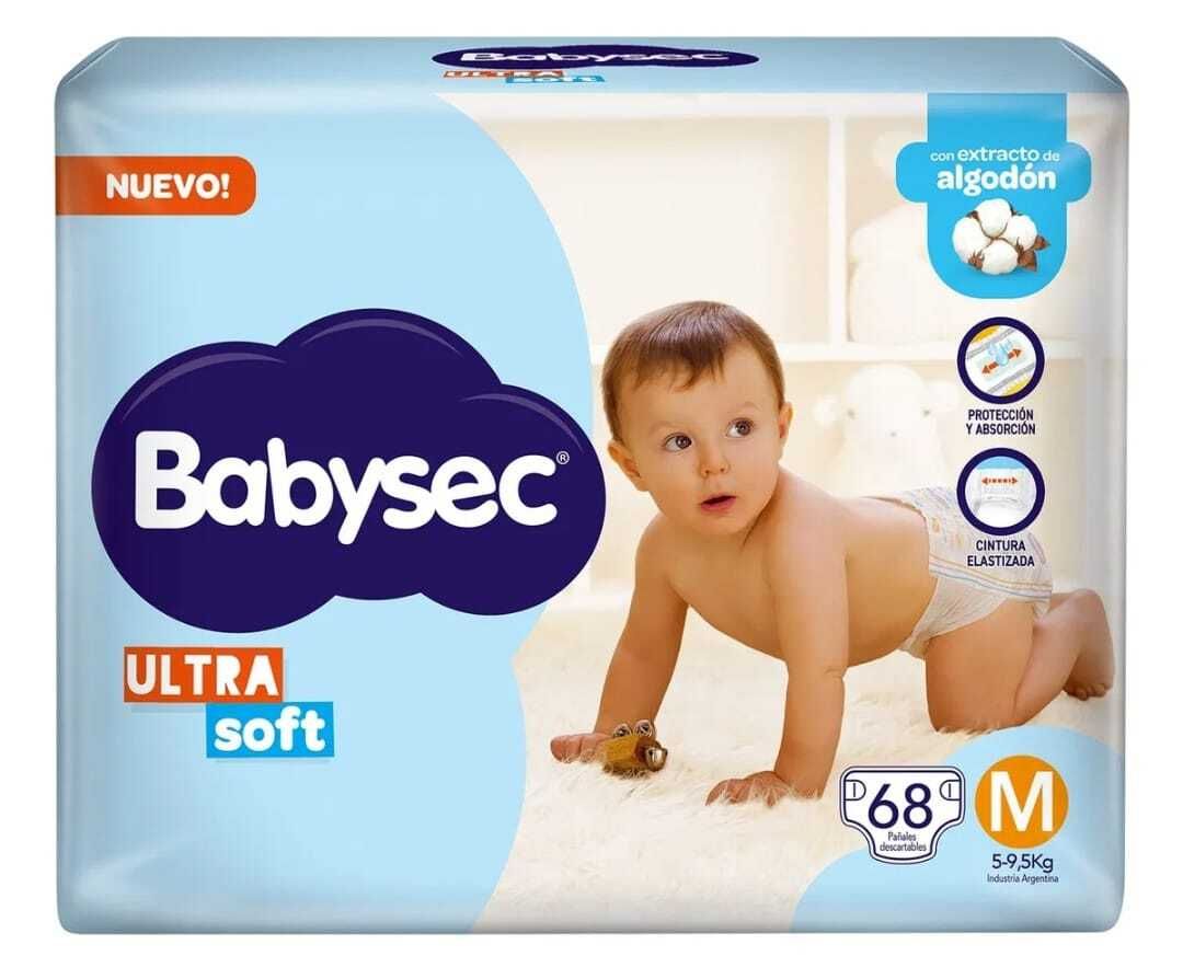 Pack de pañales Babysec Ultra Soft con un bebé en una cuna, embalaje de color azul y blanco.