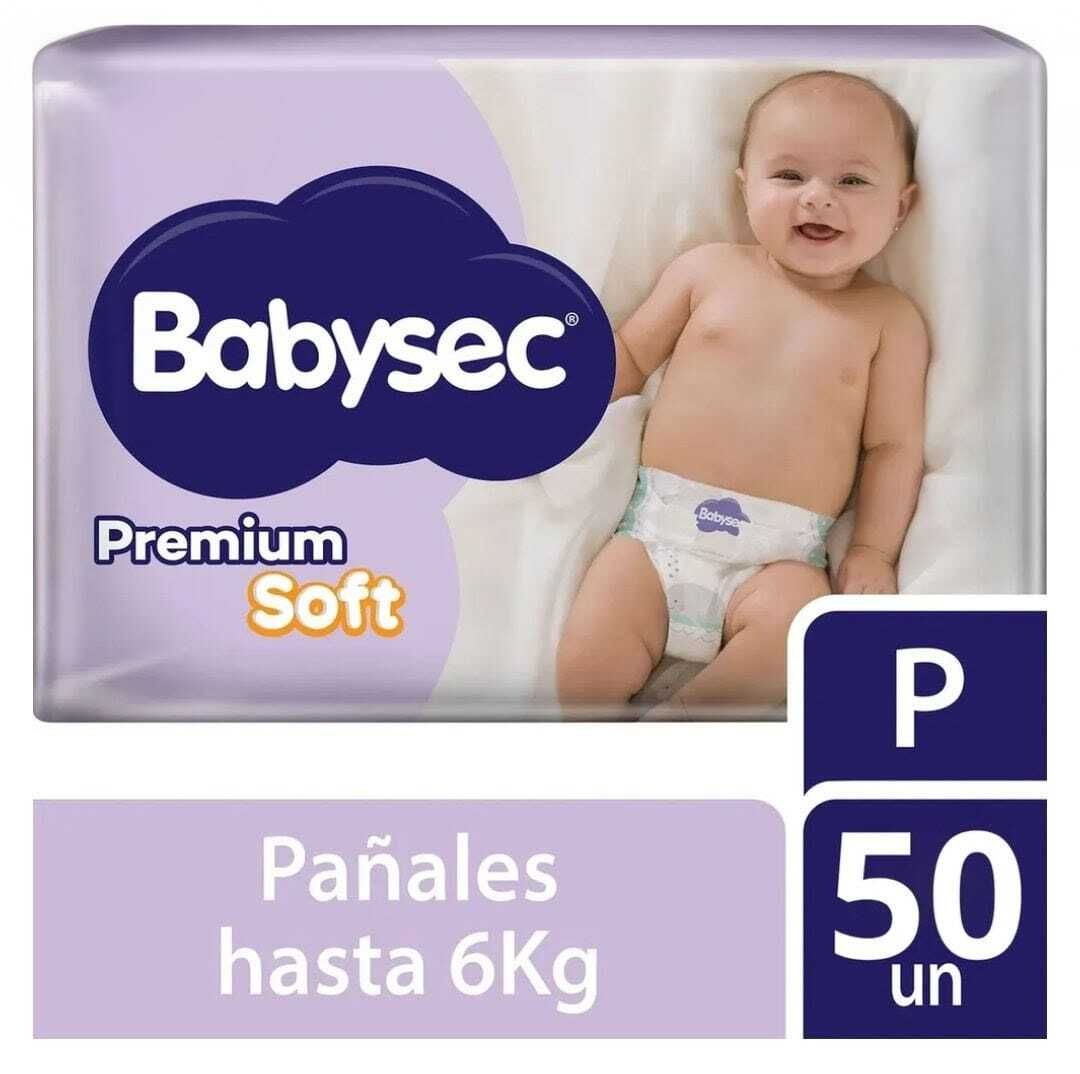 Pack de pañales Babysec Premium Soft, con la imagen de un bebé sonriente y 50 unidades, hasta 6 kg.