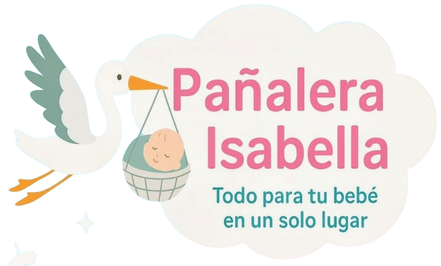 Cigüeña llevando un bebé en una cesta; texto 