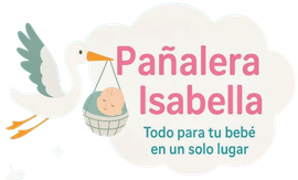 Stork carrying a baby in a basket, with text 