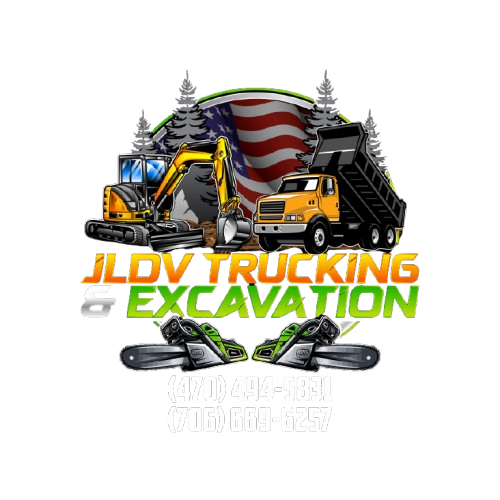 Logo for JLDV Trucking Excavation featuring construction equipment and American flag.