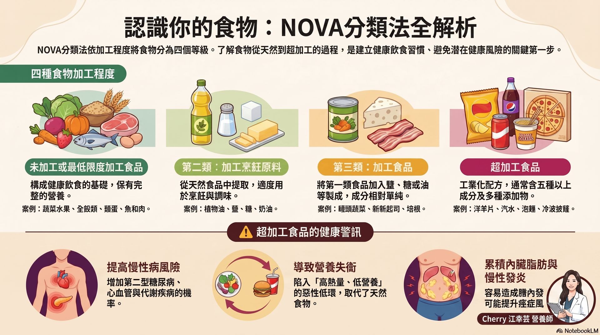 中文資訊圖表:NOVA分類法解析食物,分色展示四類加工食品與示意圖。
