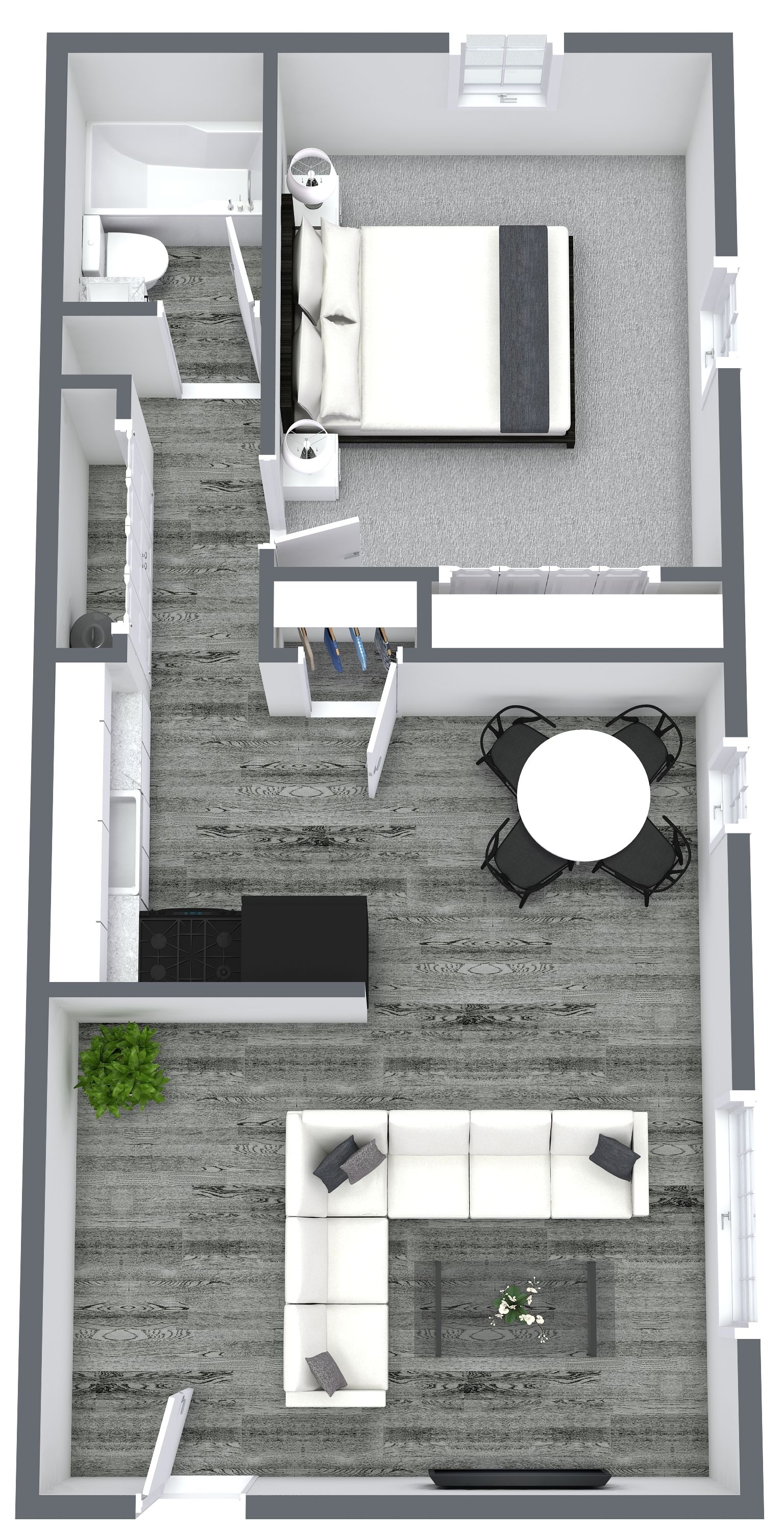 Floor plan of a studio apartment with bedroom, bathroom, and living area; neutral colors, gray carpet.