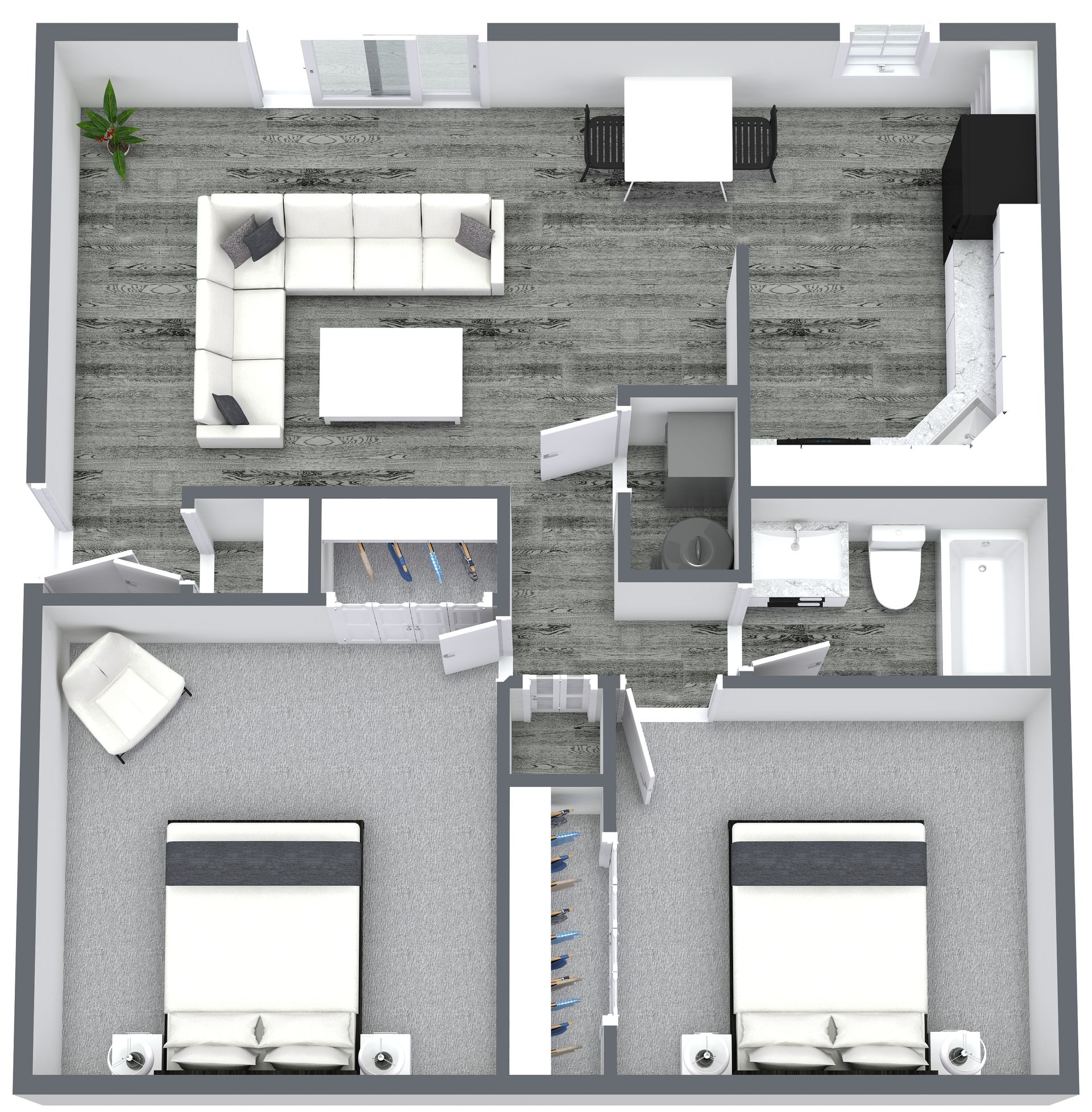 Apartment floor plan: bedroom, bathroom, kitchen, living/dining area, with gray and white decor.