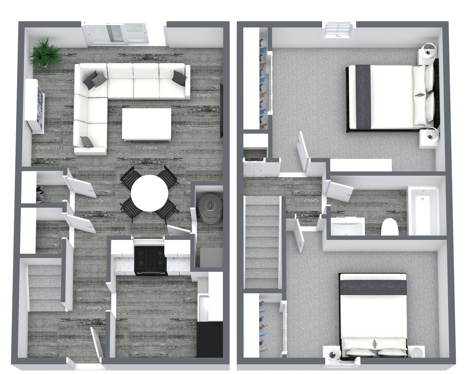 Floor plan of a two-bedroom apartment with furniture and a balcony.