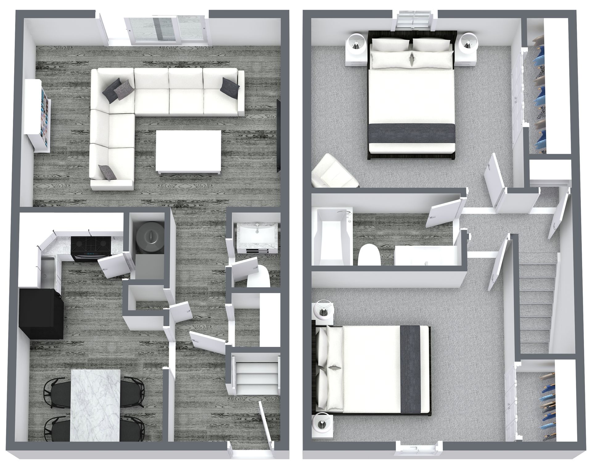 Floor plan of a modern apartment with two bedrooms, a kitchen, and a living area, in gray tones.