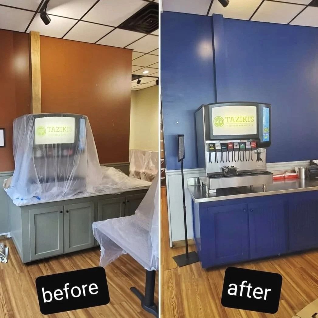 Before and after of a restaurant drink station with a color change from brown and green to blue.