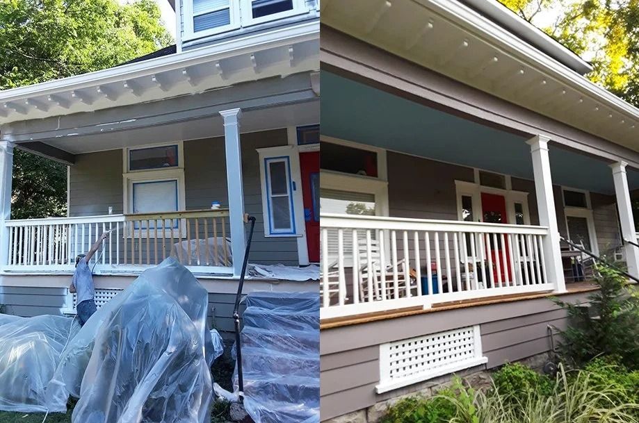 House exterior before and after paint job; grey siding, white trim, red door.
