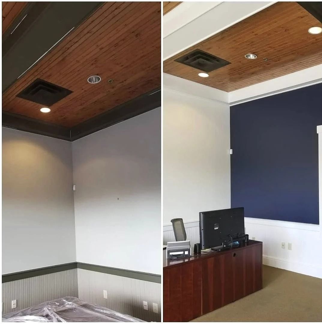 Two photos of a room with a wooden ceiling, one with grey and the other with white and navy walls.