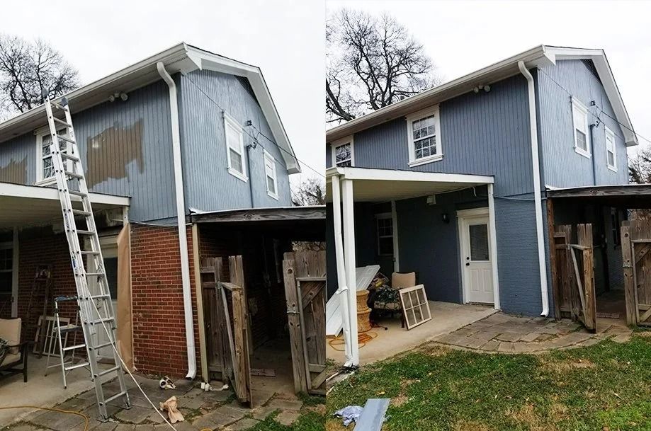House exterior before and after siding replacement, featuring blue siding, white trim, and a brick wall.