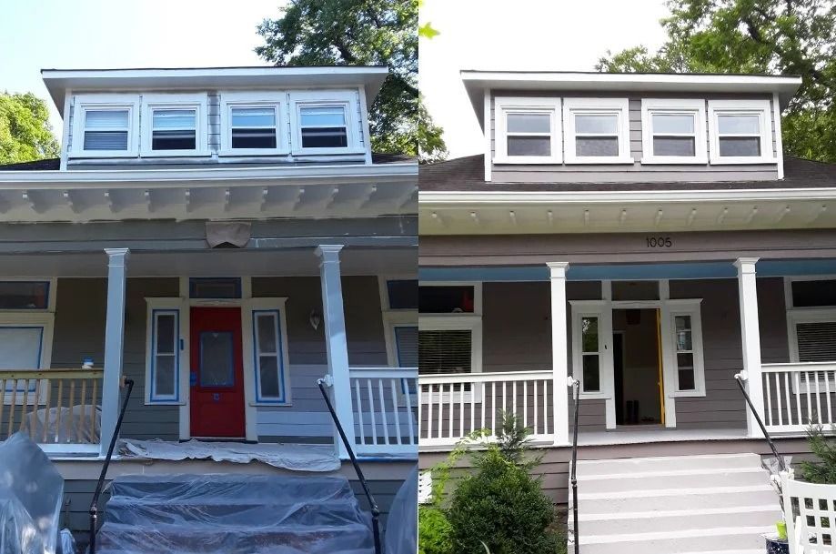 Before and after house exterior painting, showing a gray facade and white trim.