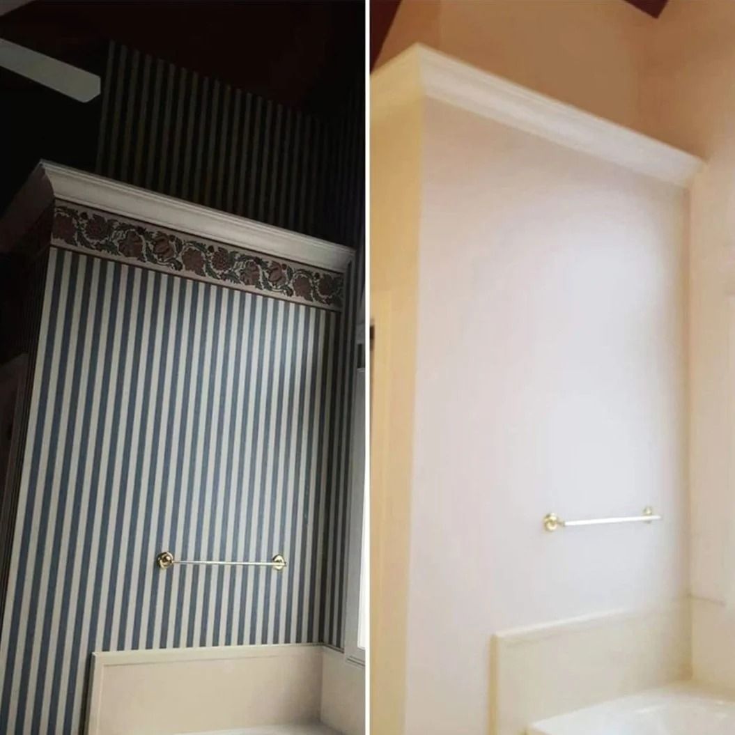 Bathroom renovation showing striped wallpaper before, plain white wall after.