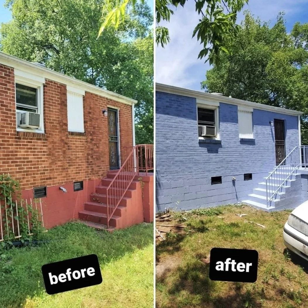 Before and after of brick house painted blue, featuring a small staircase, and surrounding foliage.