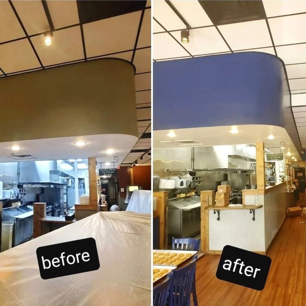 Before-and-after of a restaurant counter. Old green wall replaced with blue, white counter, and new flooring.