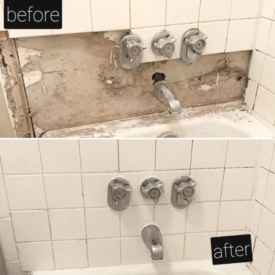 Before and after photos: bathroom tile repair. Severely moldy wall replaced with clean, white tiles.
