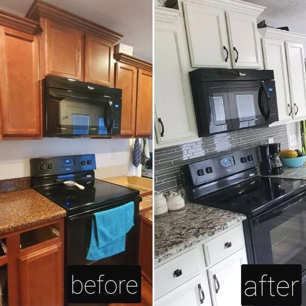 Before-and-after of a kitchen. Brown cabinets transformed to white, with new backsplash and countertops.