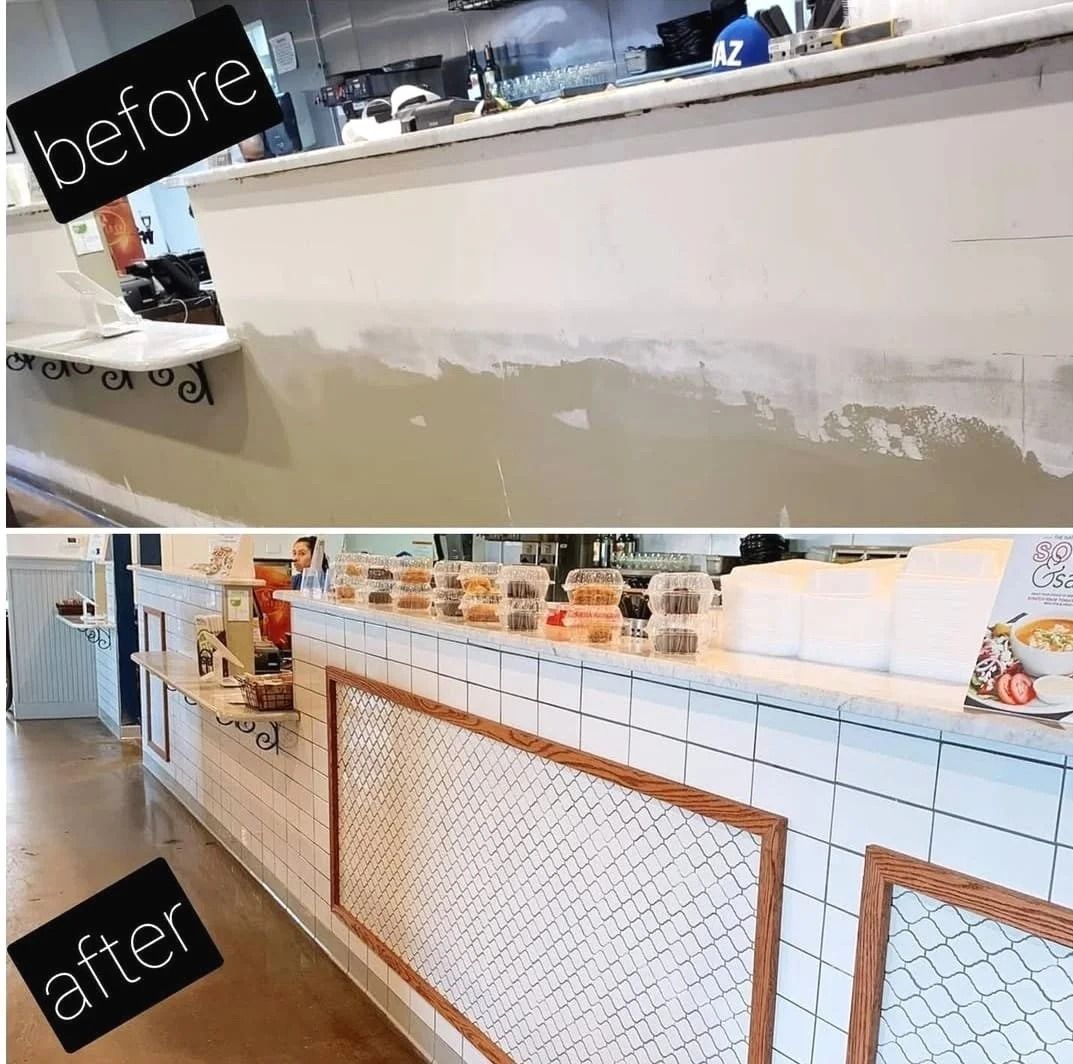 Before-and-after view of a counter renovation: plain wall becomes white-tiled counter with wooden accents.