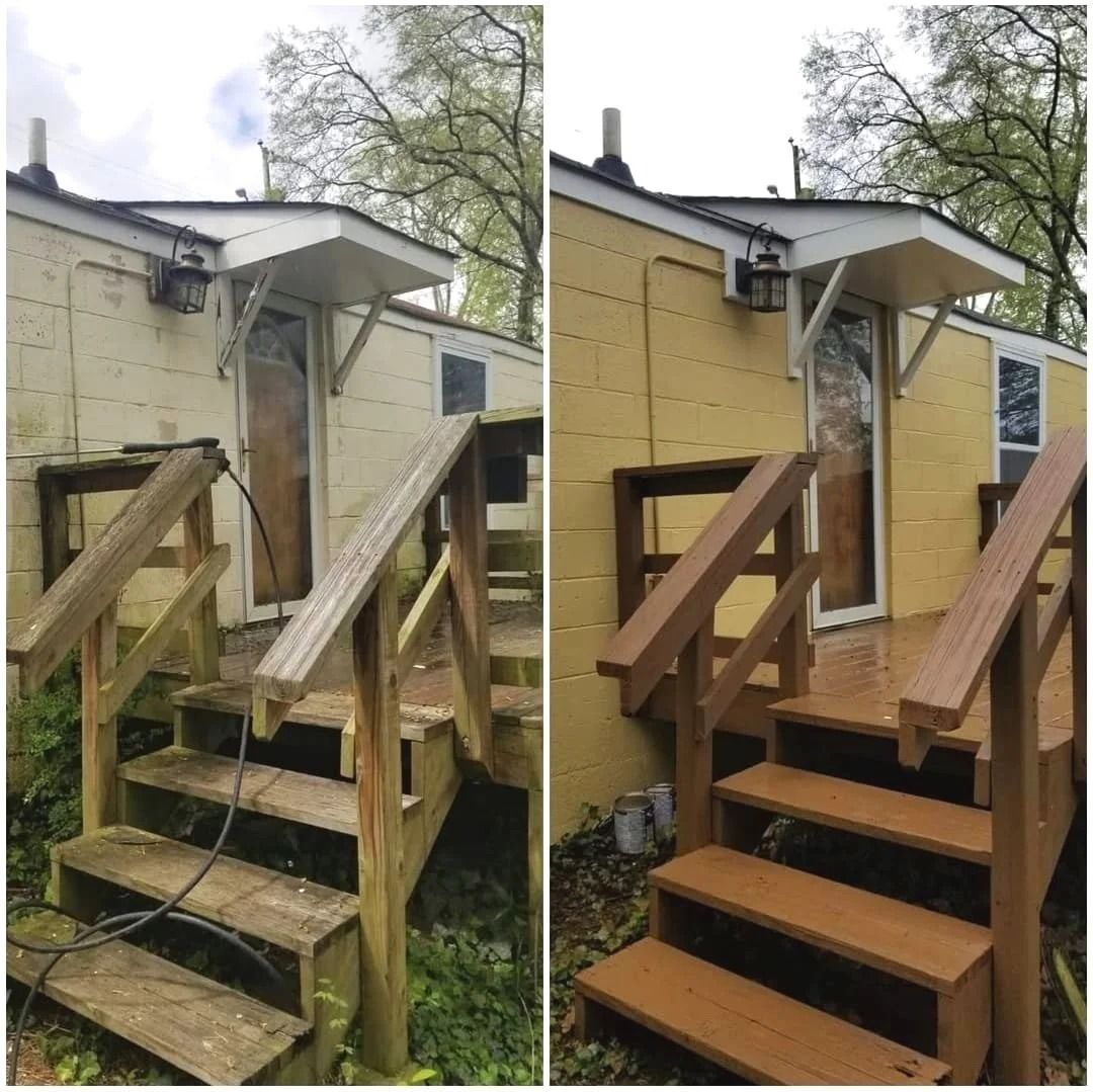 Before and after photo of a house exterior.  Yellow siding and brown deck are clean and refreshed.