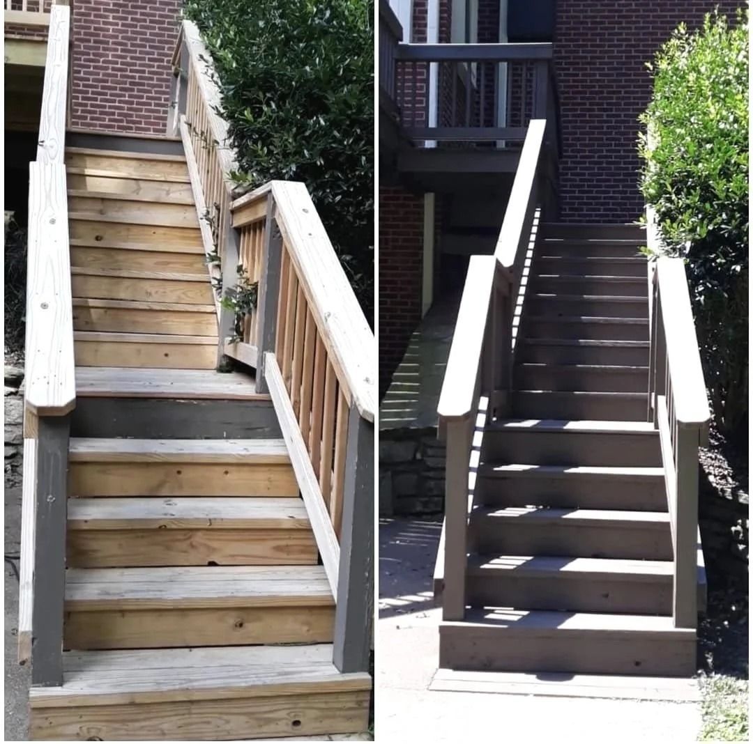 Before and after photos of a wooden staircase painted brown.