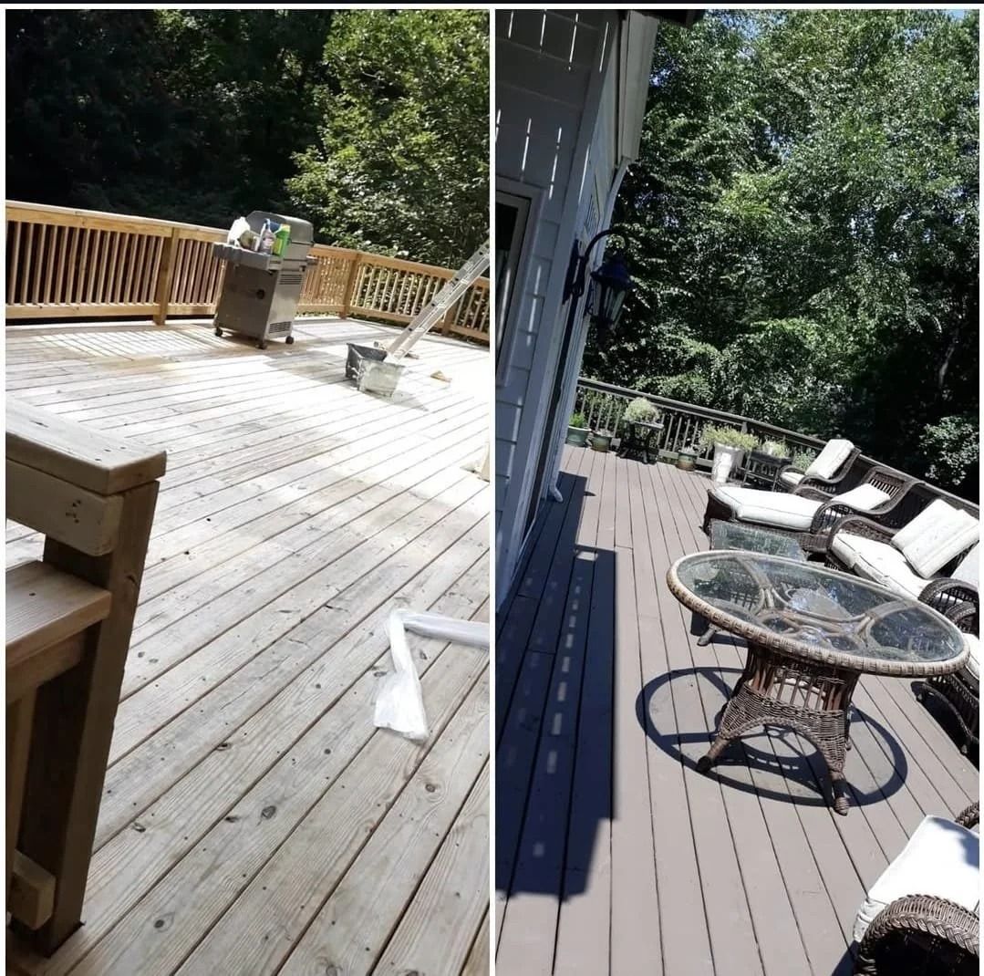 Split image: A wooden deck being cleaned with a power washer, then a furnished deck with seating and a table.