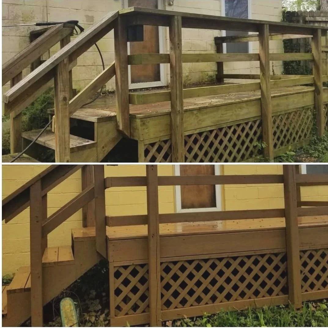 Top: Old, weathered wooden deck. Bottom: Same deck stained brown. Yellow building background.