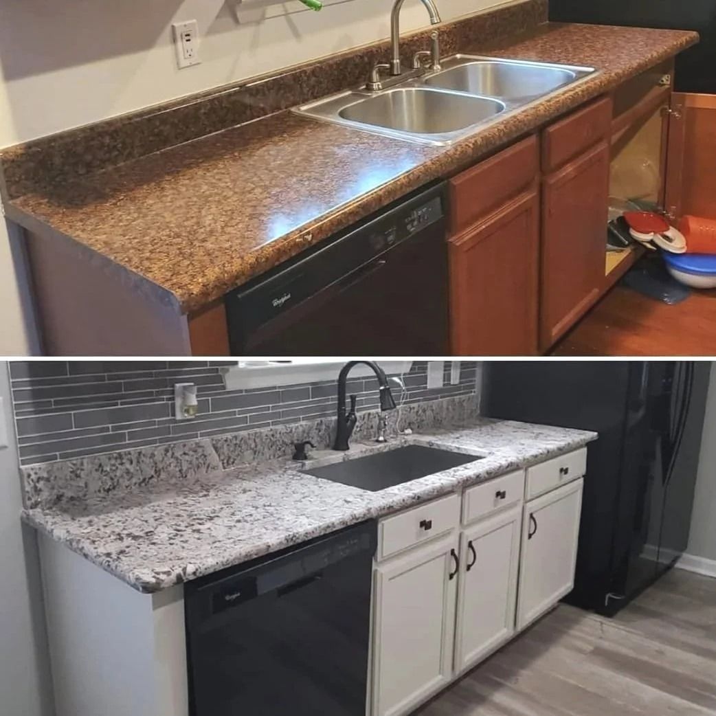 Kitchen renovation before and after. Top: brown countertop, wood cabinets. Bottom: granite countertop, white cabinets, black appliances.
