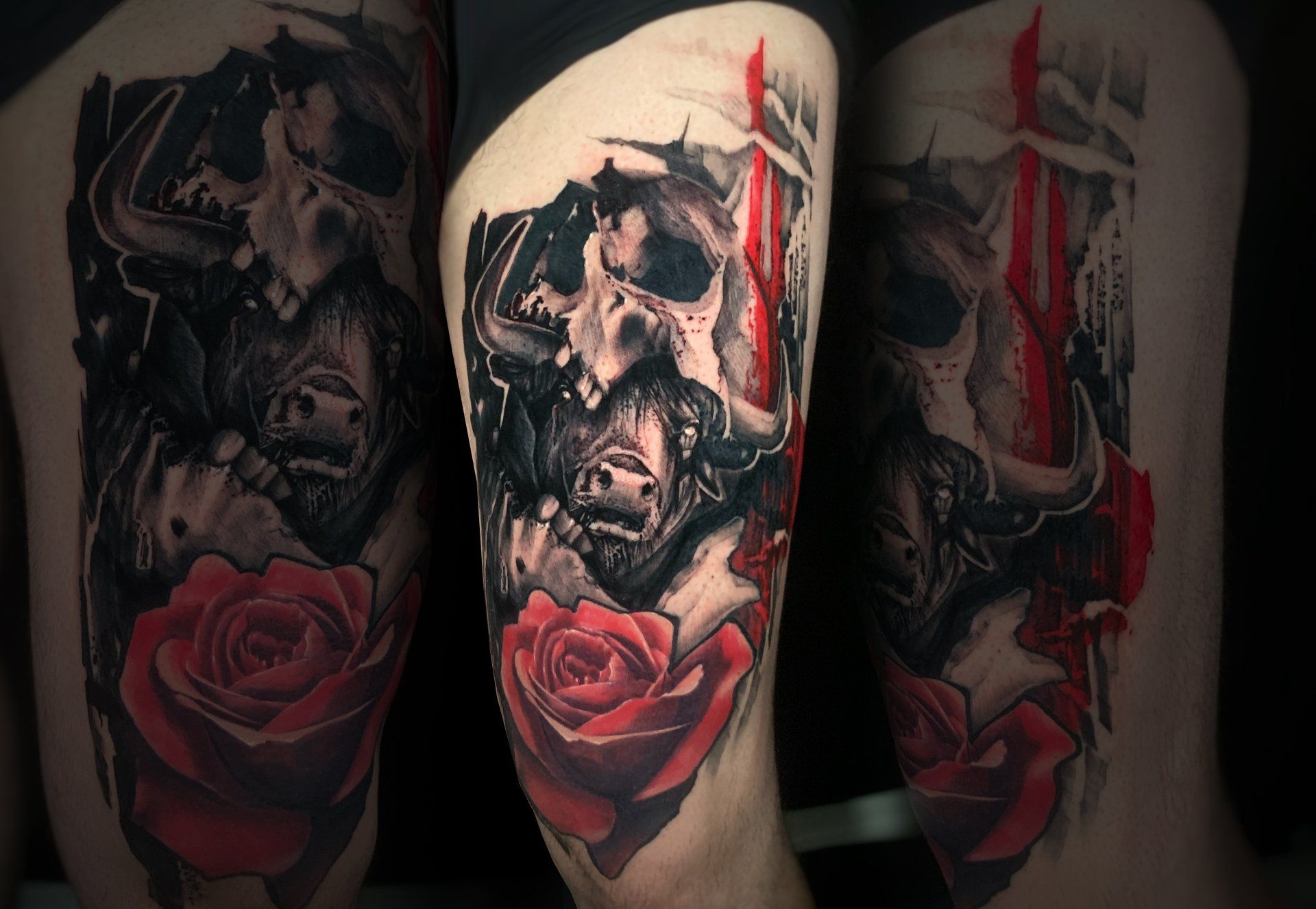tatuaggio roserie con rosa e testa di toro