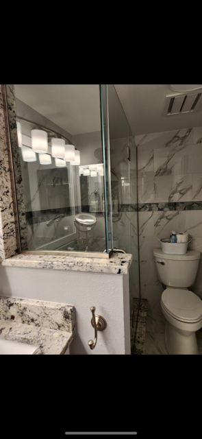 Bathroom interior with a glass shower enclosure, toilet, and vanity. Granite countertops and marble-look tile.