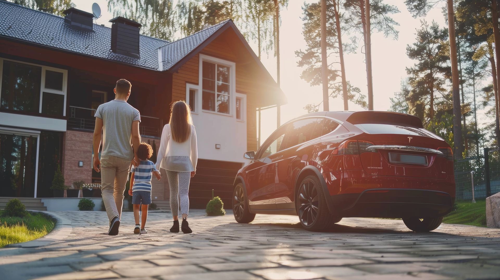 A family of four sits together on the edge of a backyard pool deck outside their modern home.