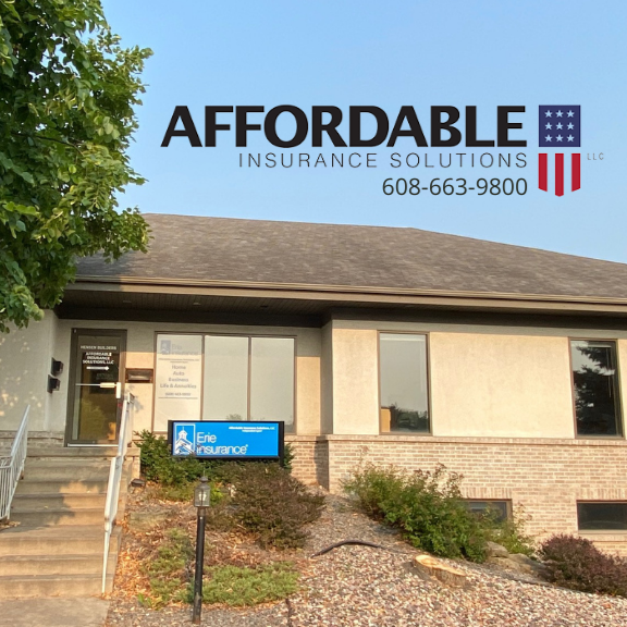 The office building for Affordable Insurance Solutions with the business name and phone number overlaid on the image.