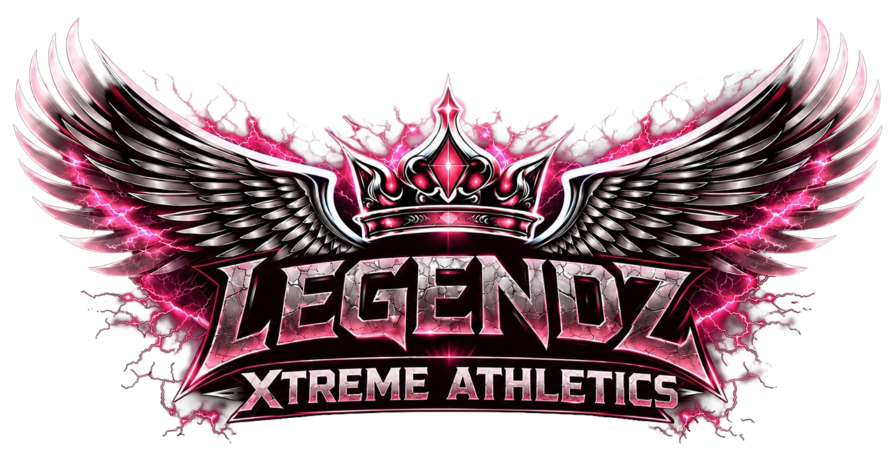Legendz Xtreme Athletics logo with pink wings, crown, and bold black text on white background