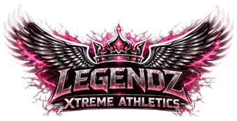 Legendz Xtreme Athletics logo with pink wings, crown, and bold black text on white background