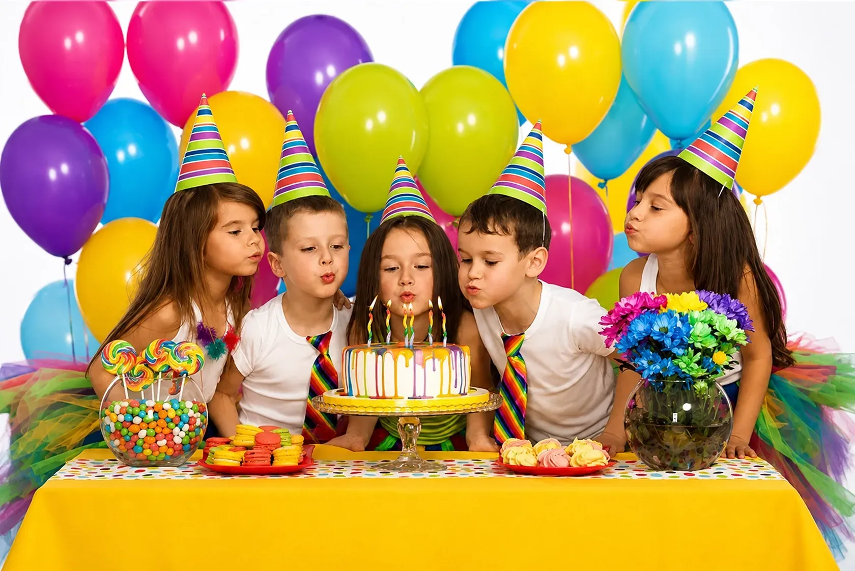 Children wearing party hats sit around a birthday cake with balloons and bright decorations.