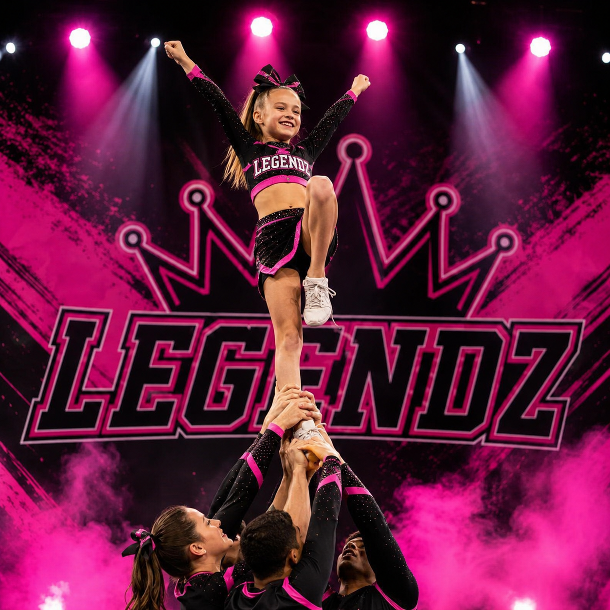 Cheerleaders in black and pink perform a stunt before a “LEGENDZ” backdrop with pink lights and smoke