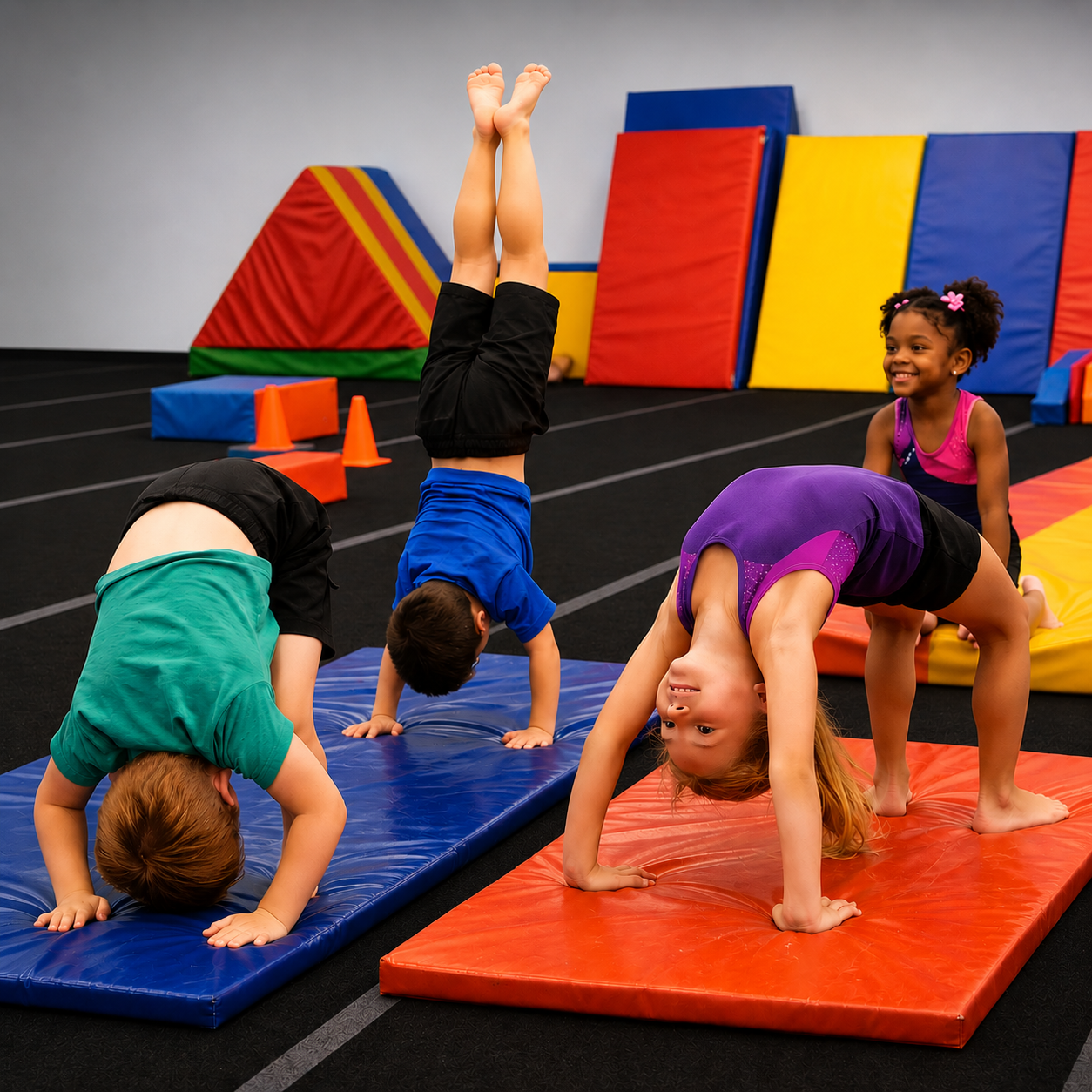 Children doing gymnastic handstands on colorful mats in an indoor play gym