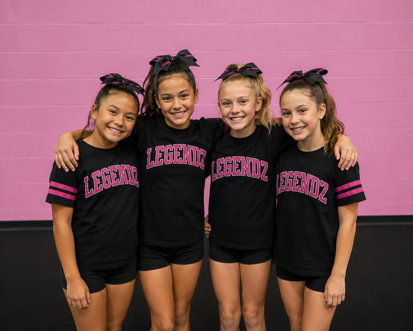 Four cheerleaders in black and pink uniforms posing against a pink wall, smiling with arms around each other
