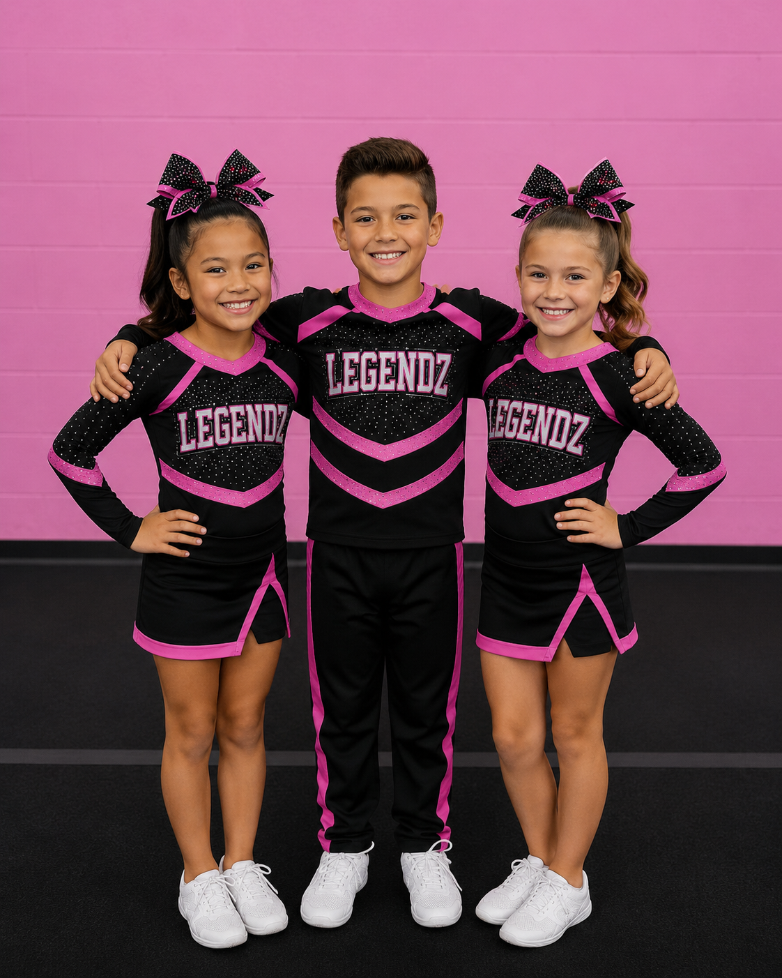 Three cheerleaders in black and pink uniforms posing against a pink wall