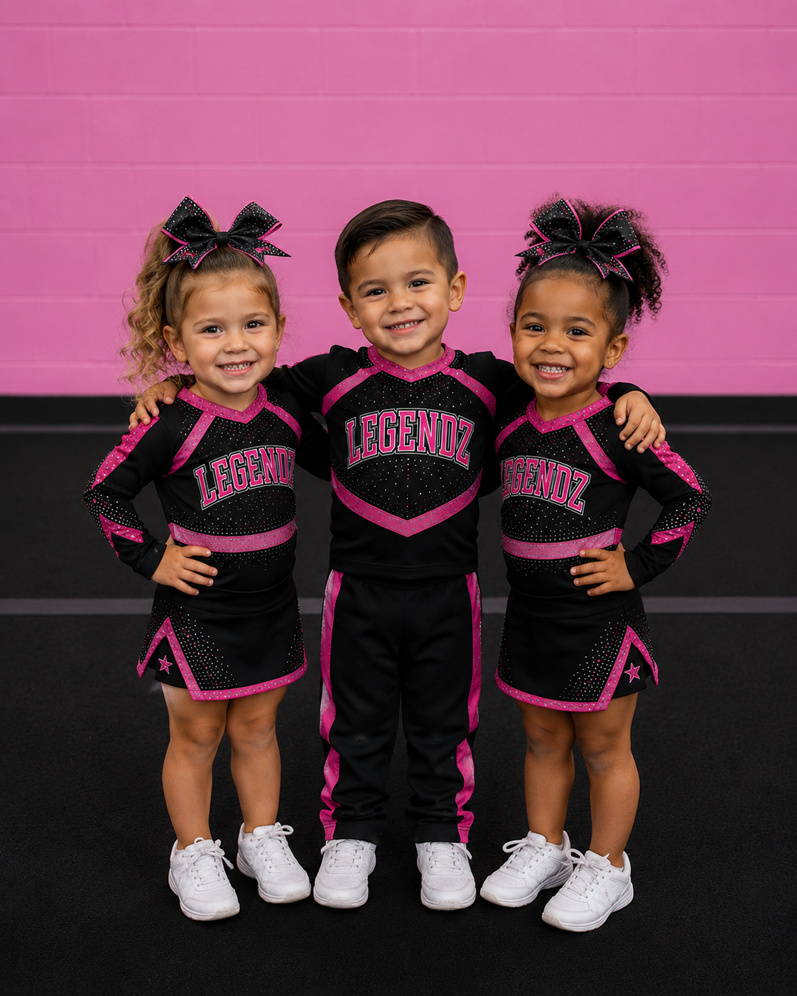 Three young cheerleaders in black and pink uniforms posing with arms around each other
