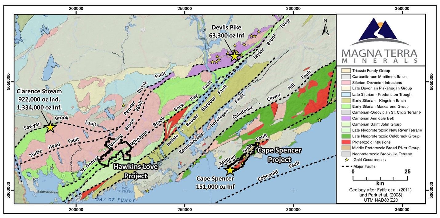 Figure 1: Regional Geology of Southern New Brunswick and location of the Cape Spencer Project.