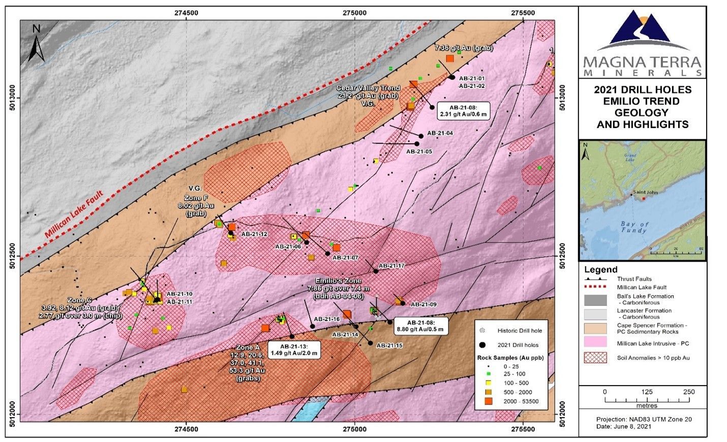 Figure 4: Geology and drill plan map of the Emilio Trend, including the Cedar Valley Trend.