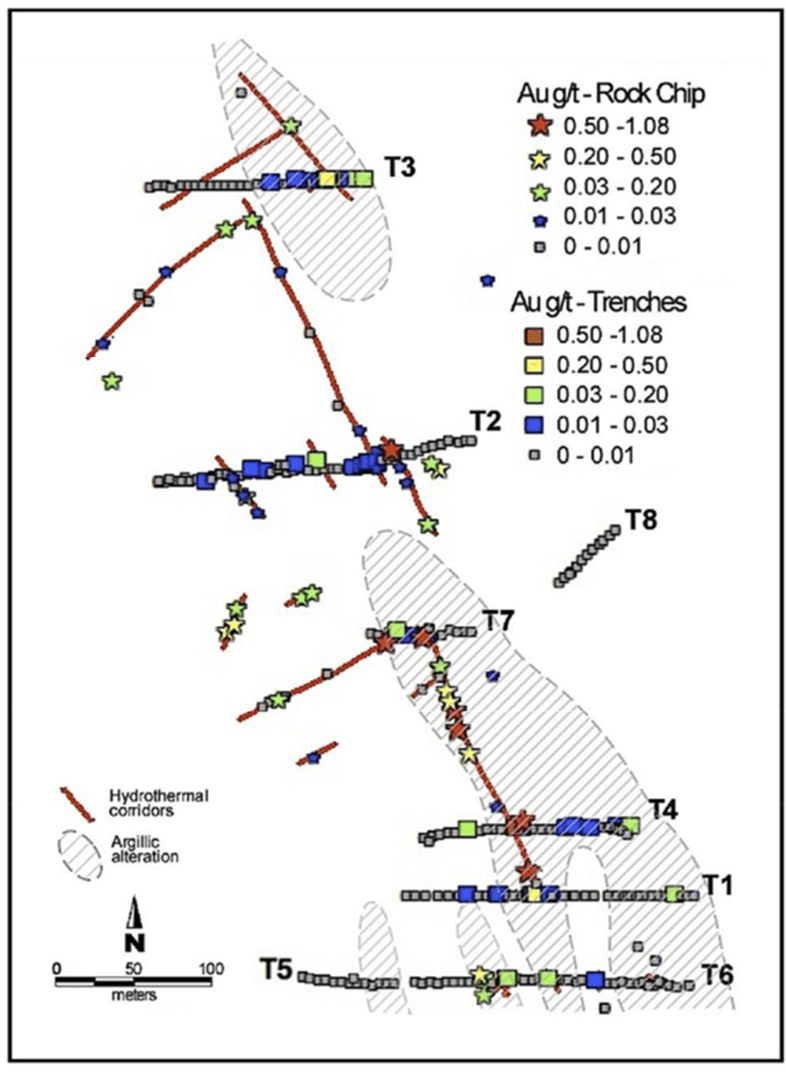Figure 3, Trench map with hydrothermal corridors and surface gold assays relative to argillic alteration halo.