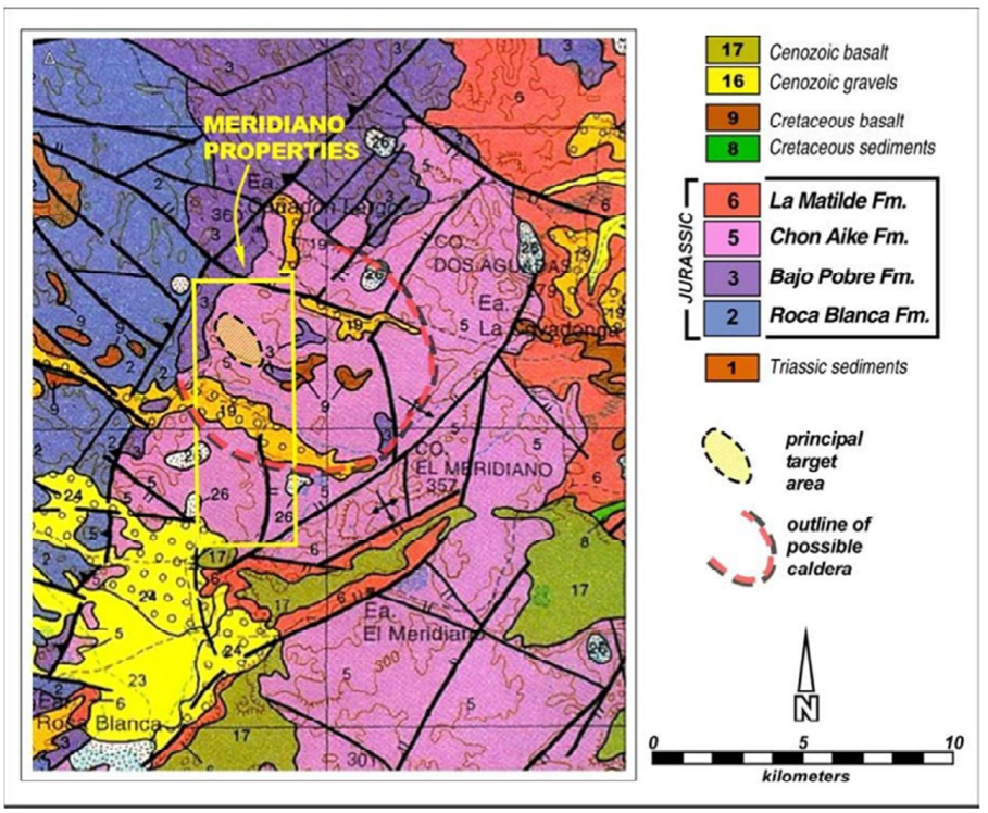 Figure 2, El Meridiano property boundary over regional geology map and illustrating the presumed Caldera boundary and the principal target area where most of the work to date has been carried out.