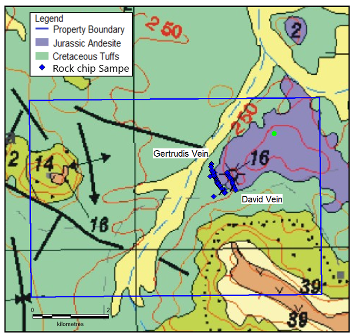 Figure 3, Gertrudis M.D. with rock chip locations over reginal geology.