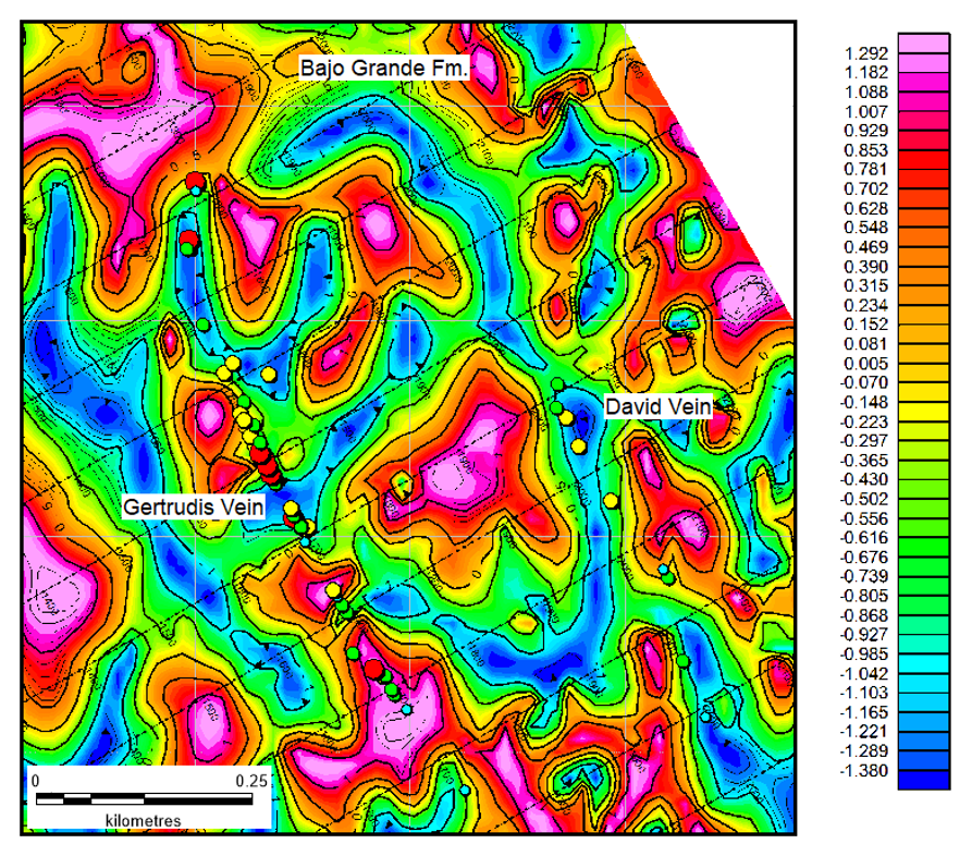 Figure 3, Gold rock chip anomalies over a Tilt Derivative Ground Magnetic treatment.