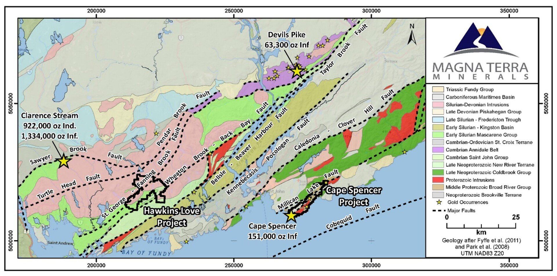 Figure 1: Regional Geology of Southern New Brunswick and Location of the Hawkins Love Project