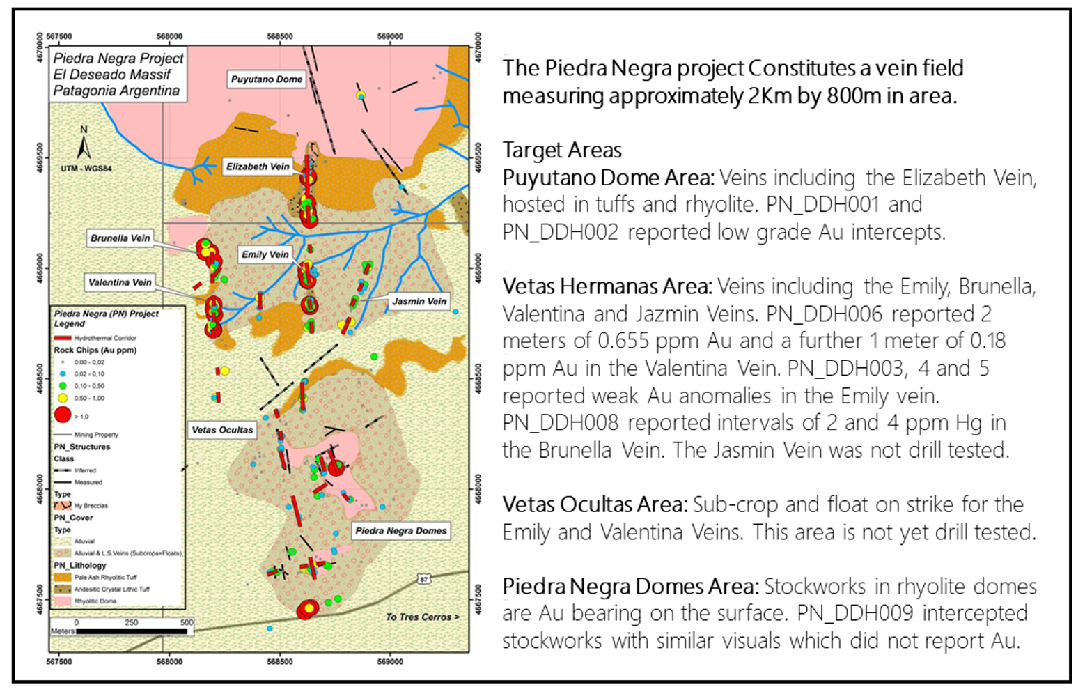 Figure 2, Piedra Negra geology map with and Au Rock Chips.